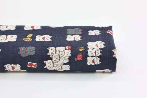 Japanese Maneki Neko dobby cotton fabric – blue background