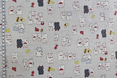 Japanese Maneki Neko dobby cotton fabric – ecru background
