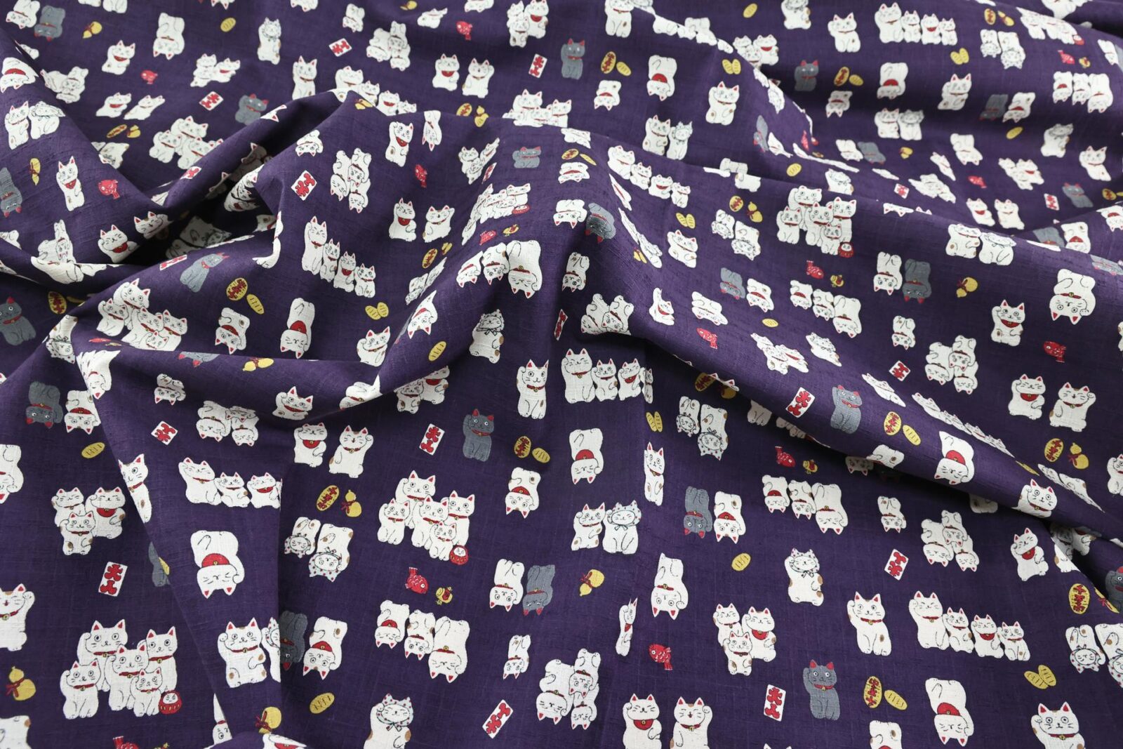 Japanese Maneki Neko dobby cotton fabric – purple background
