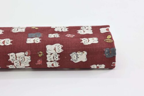 Japanese Maneki Neko dobby cotton fabric – red background