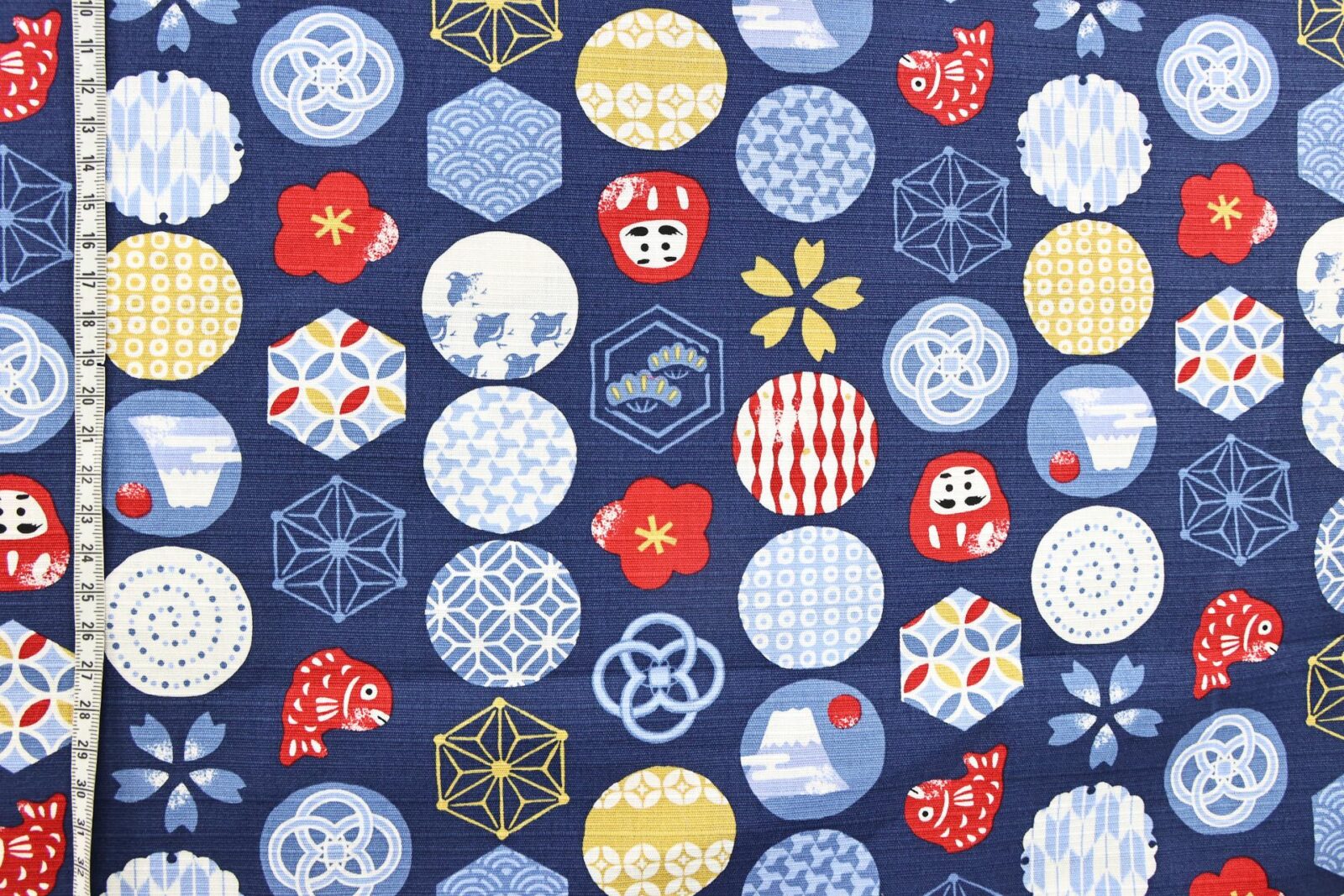 Japanese fabric colorful symbols blue background
