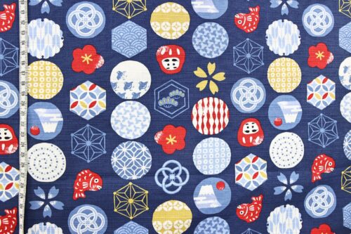 Japanese fabric colorful symbols blue background