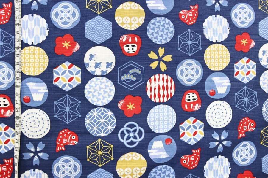 Japanese fabric colorful symbols blue background