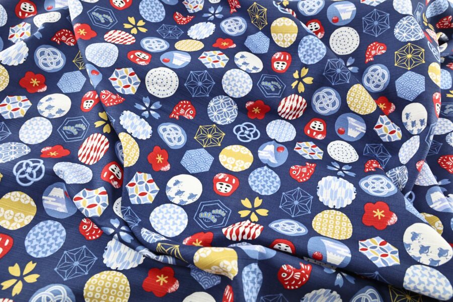 Japanese fabric colorful symbols blue background