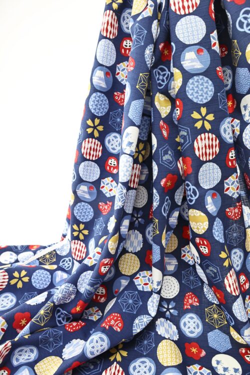 Japanese fabric colorful symbols blue background