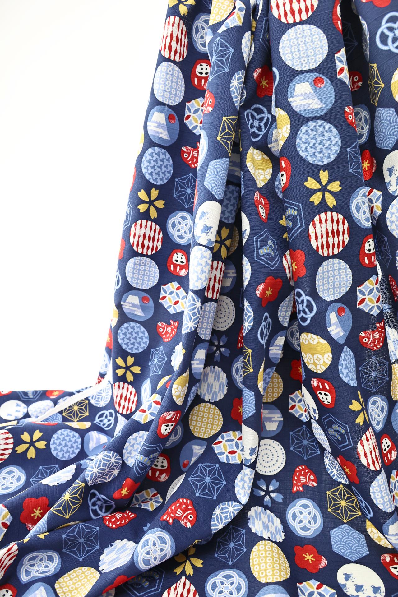 Japanese fabric colorful symbols blue background