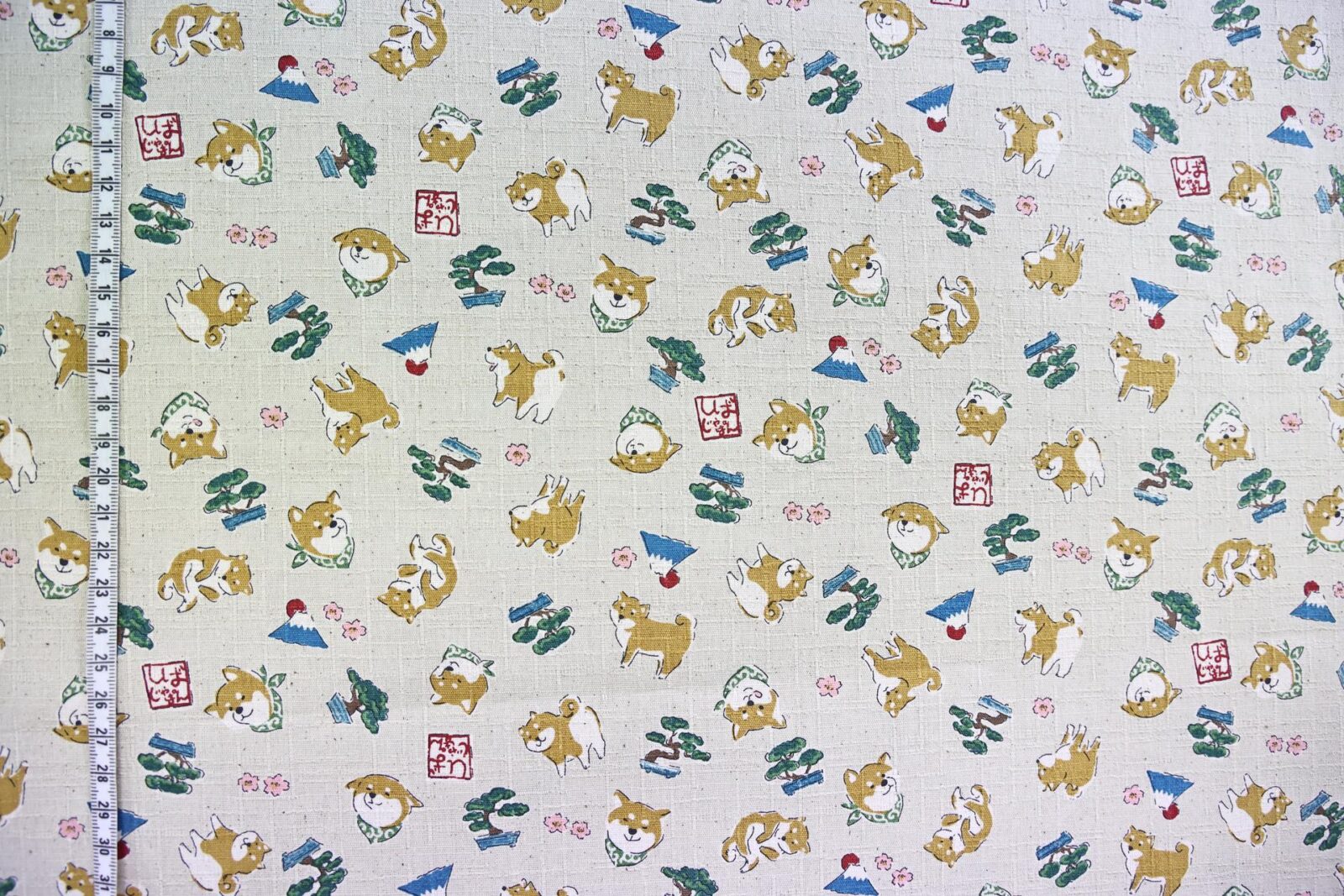Japanese fabric kawaii Shiba Inu ecru background