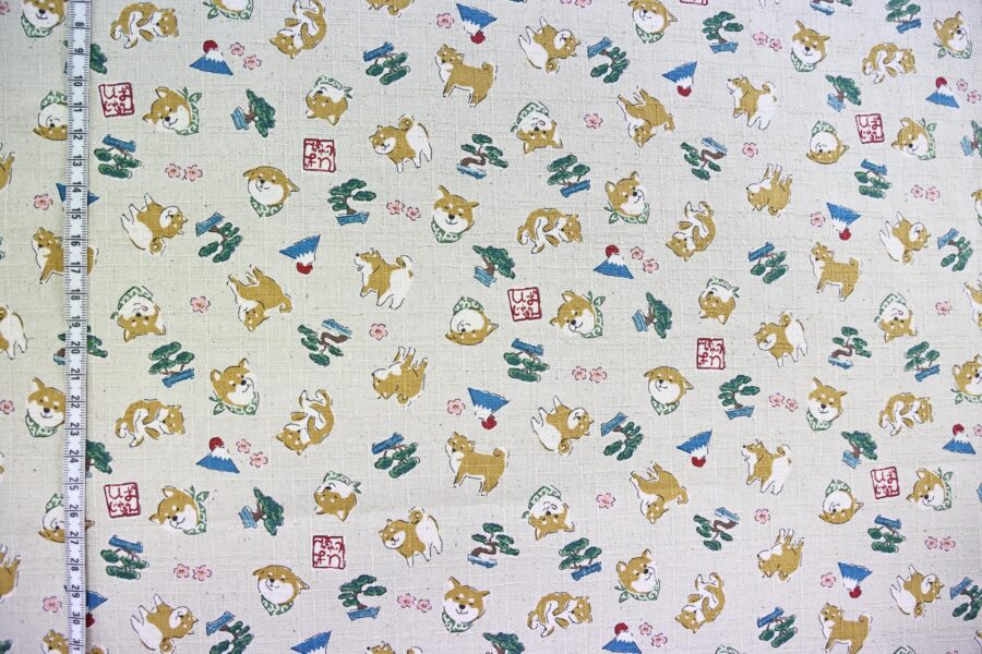 Japanese fabric kawaii Shiba Inu ecru background