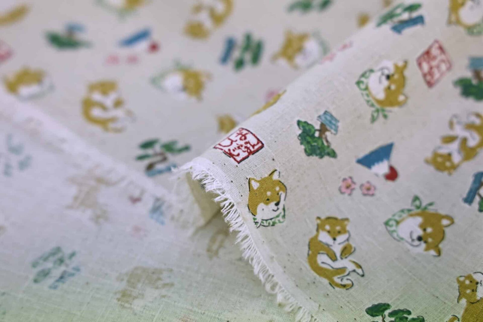 Japanese fabric kawaii Shiba Inu ecru background