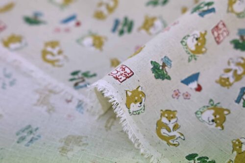Japanese fabric kawaii Shiba Inu ecru background