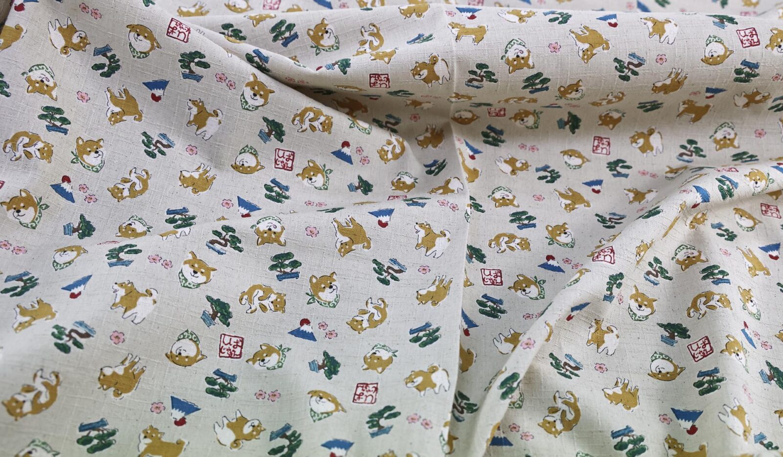 Japanese fabric kawaii Shiba Inu ecru background