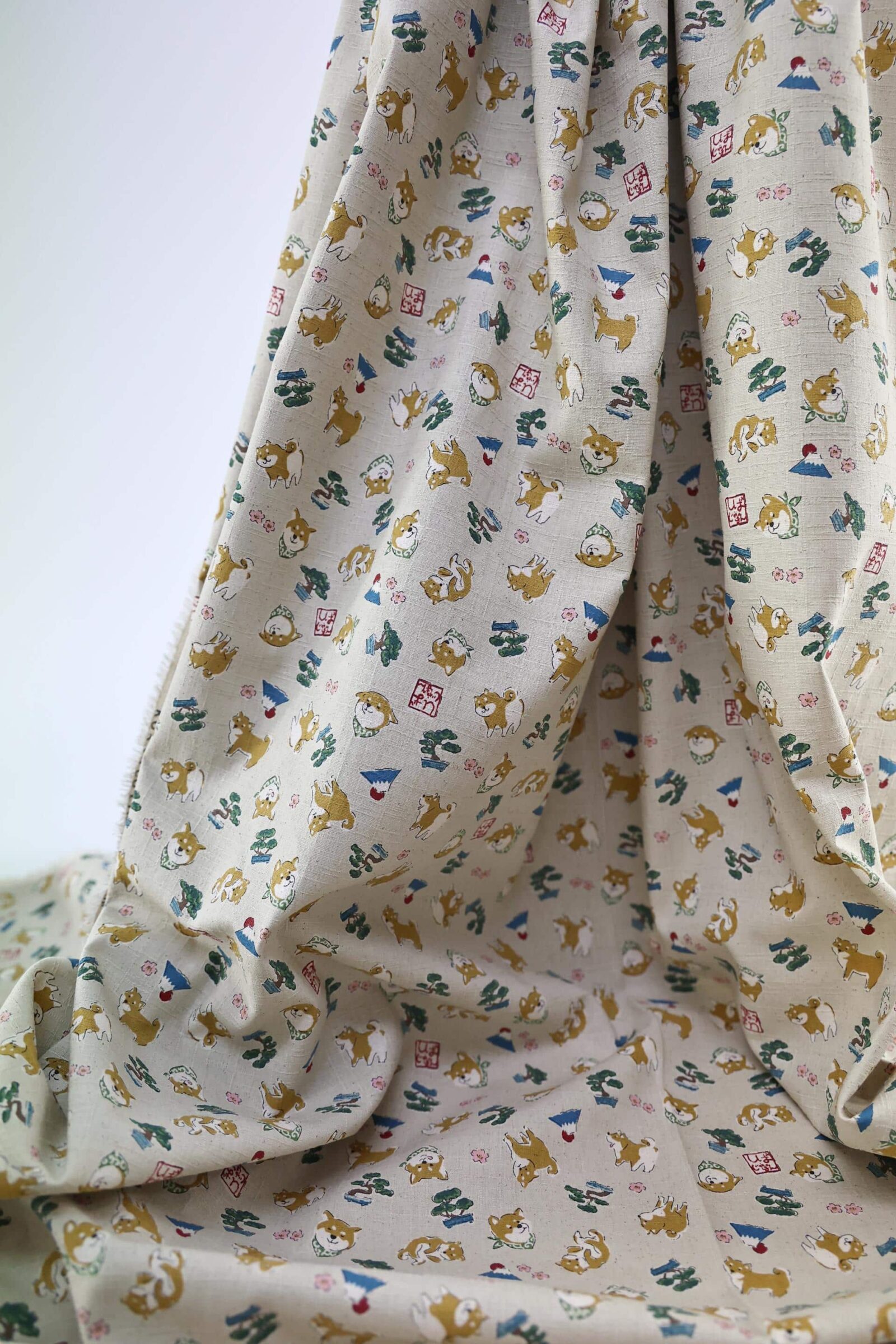 Japanese fabric kawaii Shiba Inu ecru background