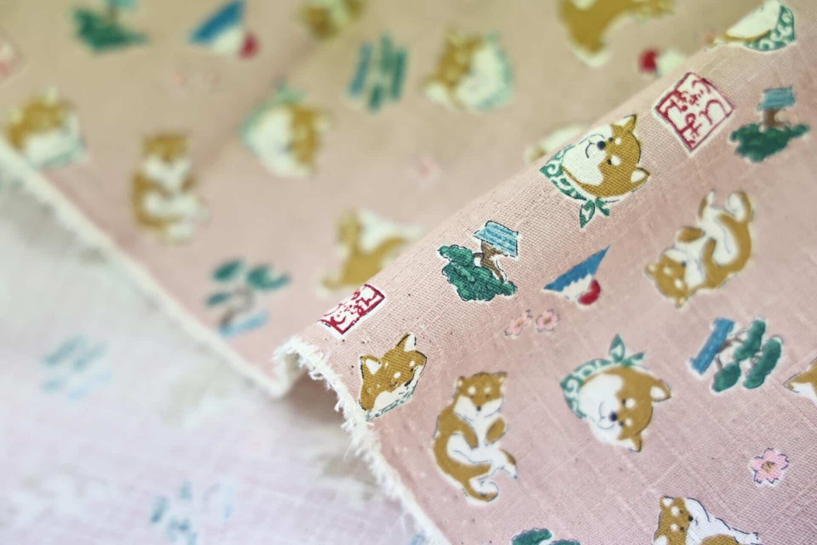 Japanese fabric kawaii Shiba Inu pink background