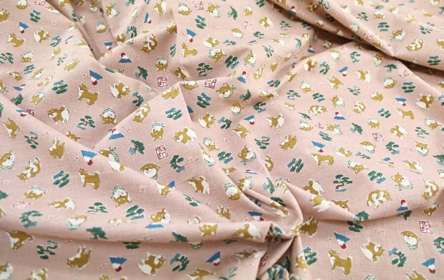 Japanese fabric kawaii Shiba Inu pink background