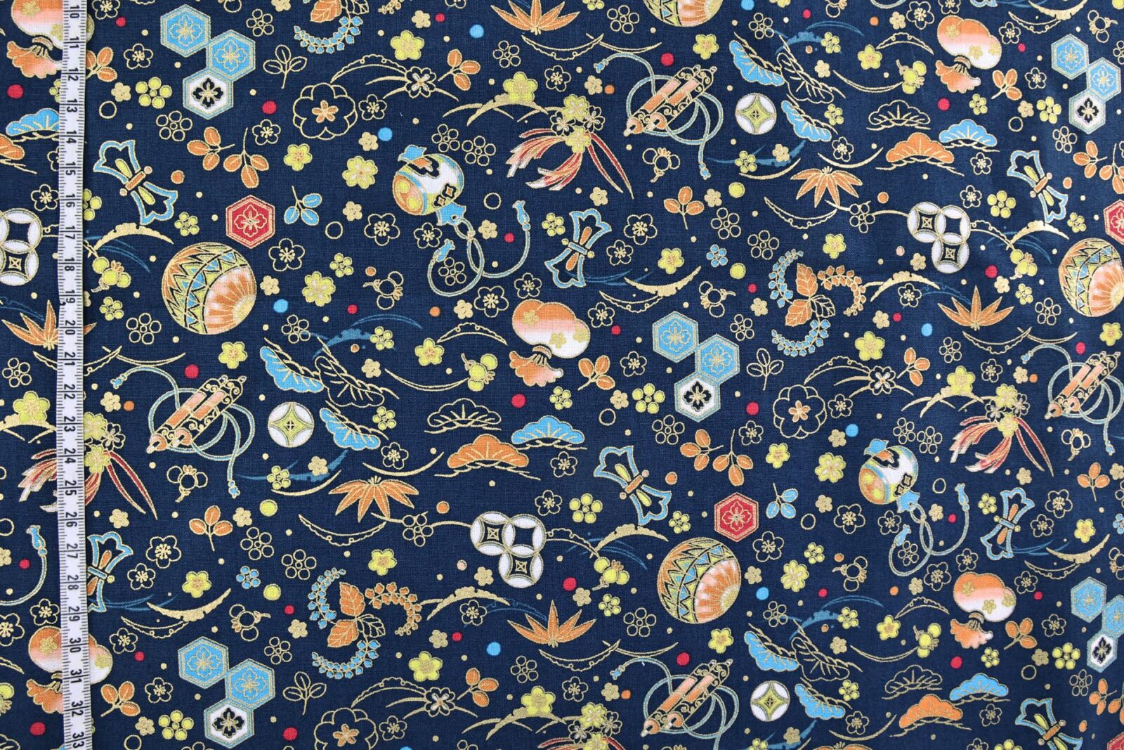 Japanese fabric with traditional motifs navy background