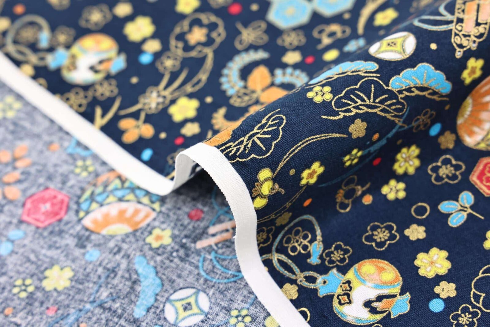 Japanese fabric with traditional motifs navy background