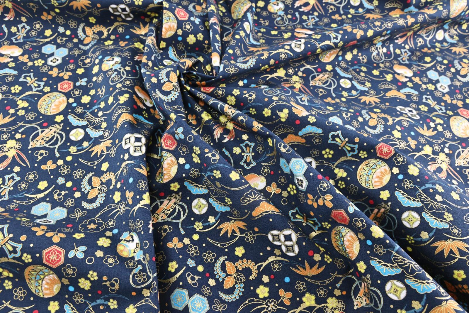 Japanese fabric with traditional motifs navy background