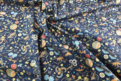 Japanese fabric with traditional motifs navy background