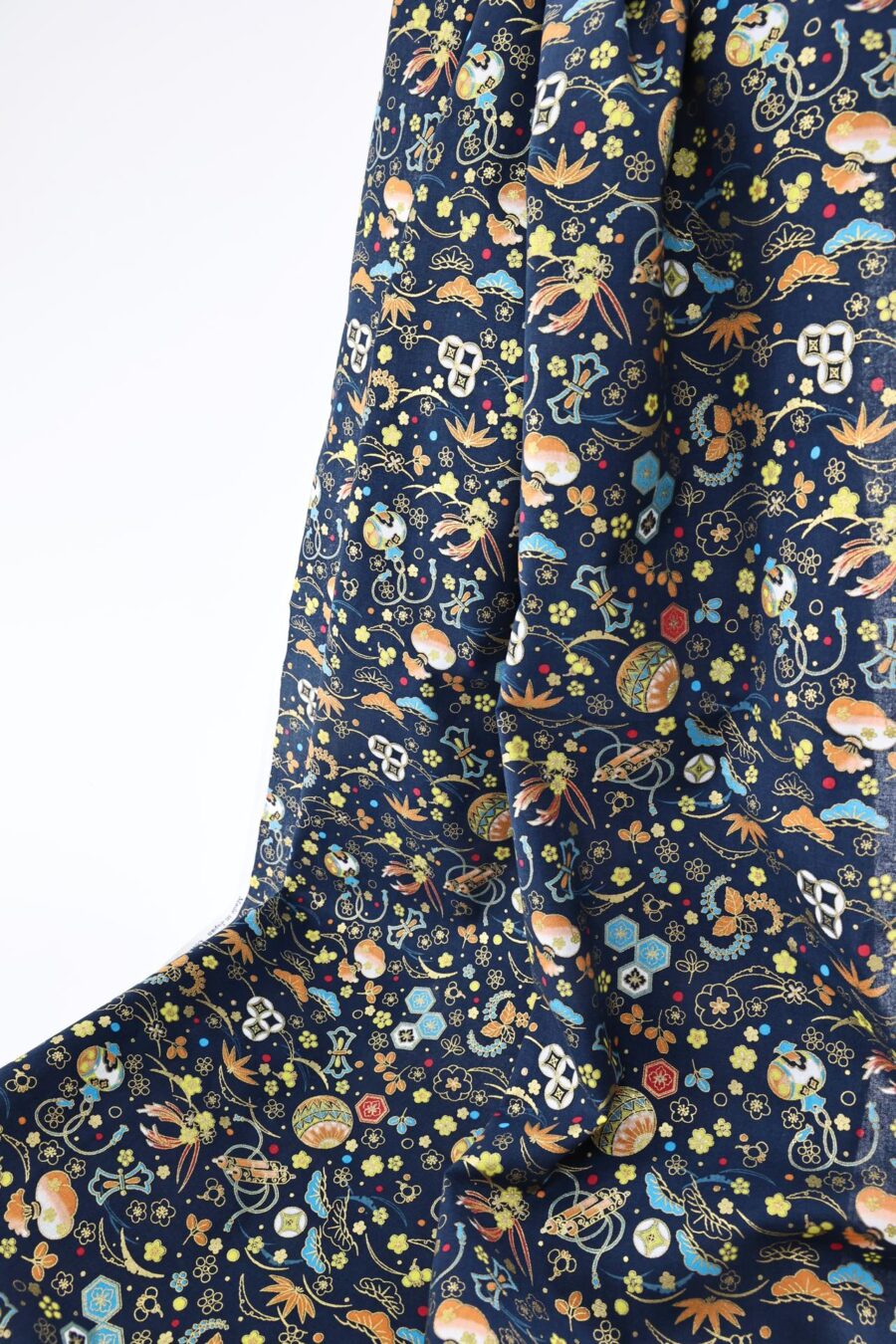 Japanese fabric with traditional motifs navy background
