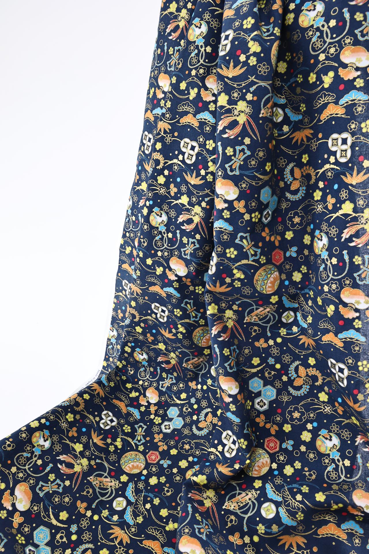 Japanese fabric with traditional motifs navy background