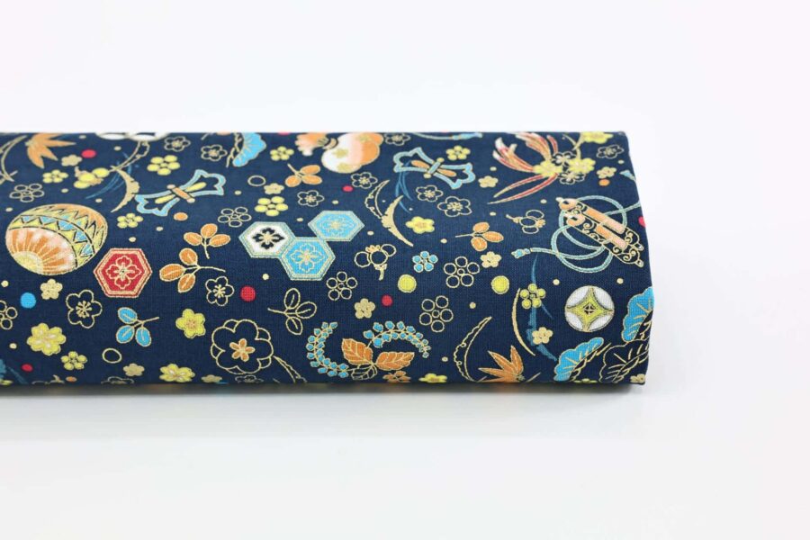 Japanese fabric with traditional motifs navy background