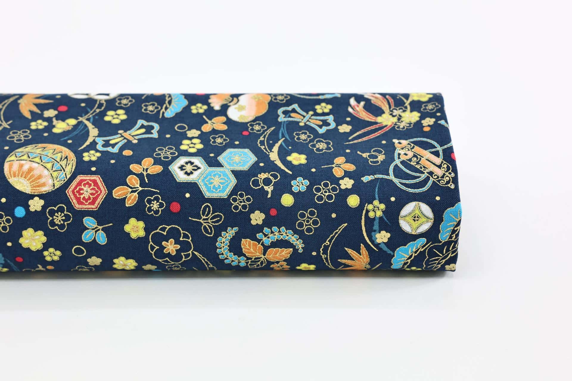 Japanese fabric with traditional motifs navy background