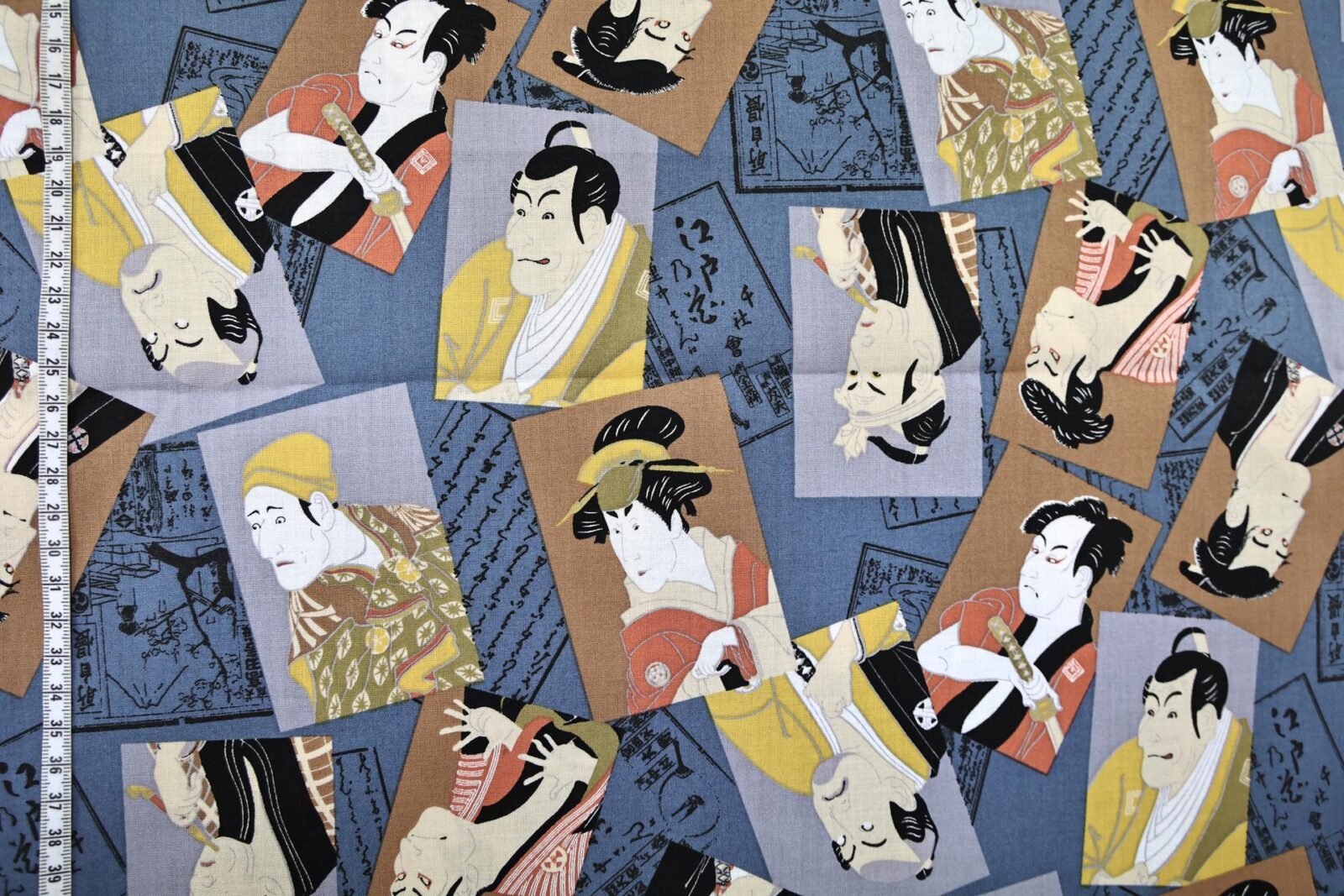 Japanese fabric – Kabuki portraits blue background
