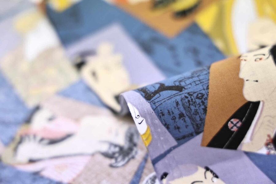 Japanese fabric – Kabuki portraits blue background