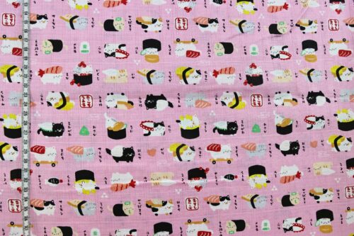 Japanese kawaii Sushi Neko fabric pink background