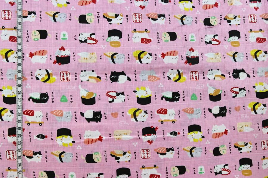 Japanese kawaii Sushi Neko fabric pink background