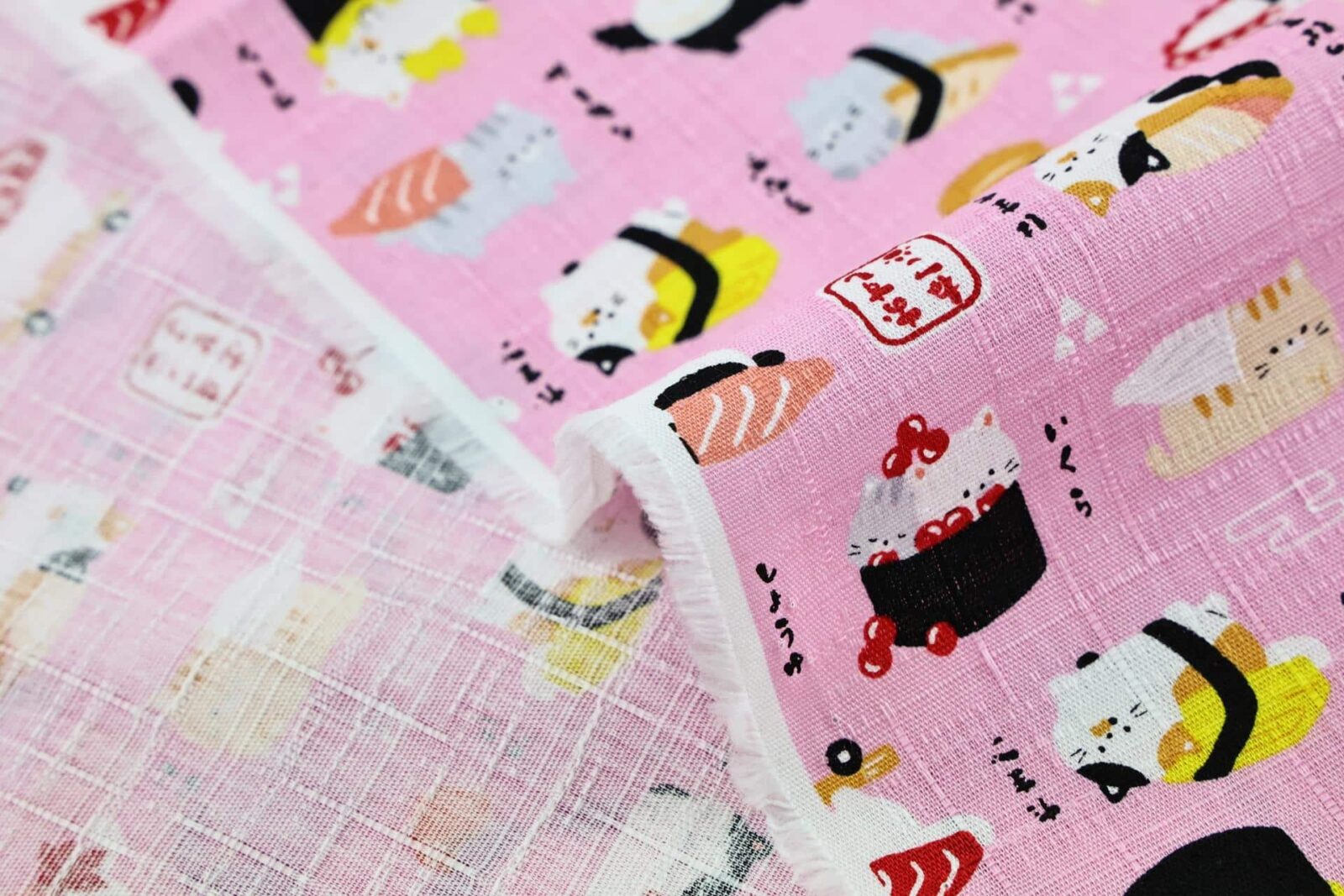 Japanese kawaii Sushi Neko fabric pink background
