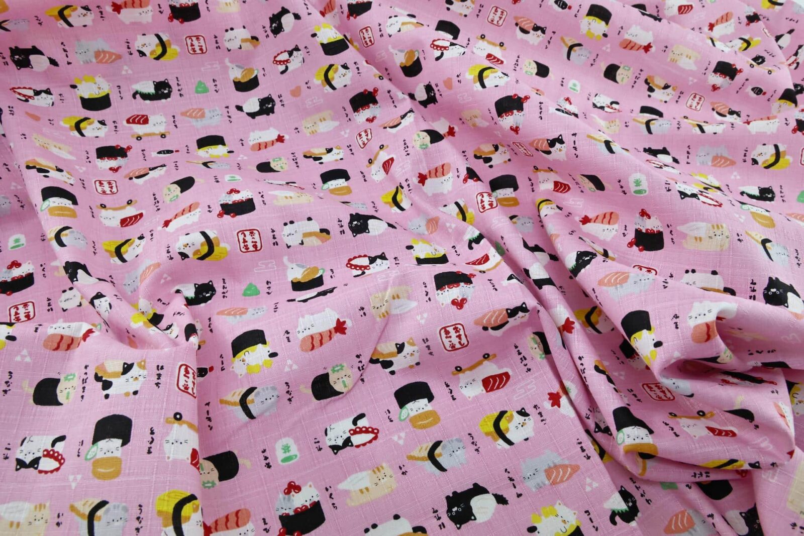 Japanese kawaii Sushi Neko fabric pink background