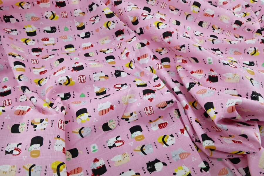Japanese kawaii Sushi Neko fabric pink background
