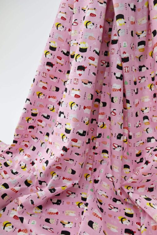 Japanese kawaii Sushi Neko fabric pink background