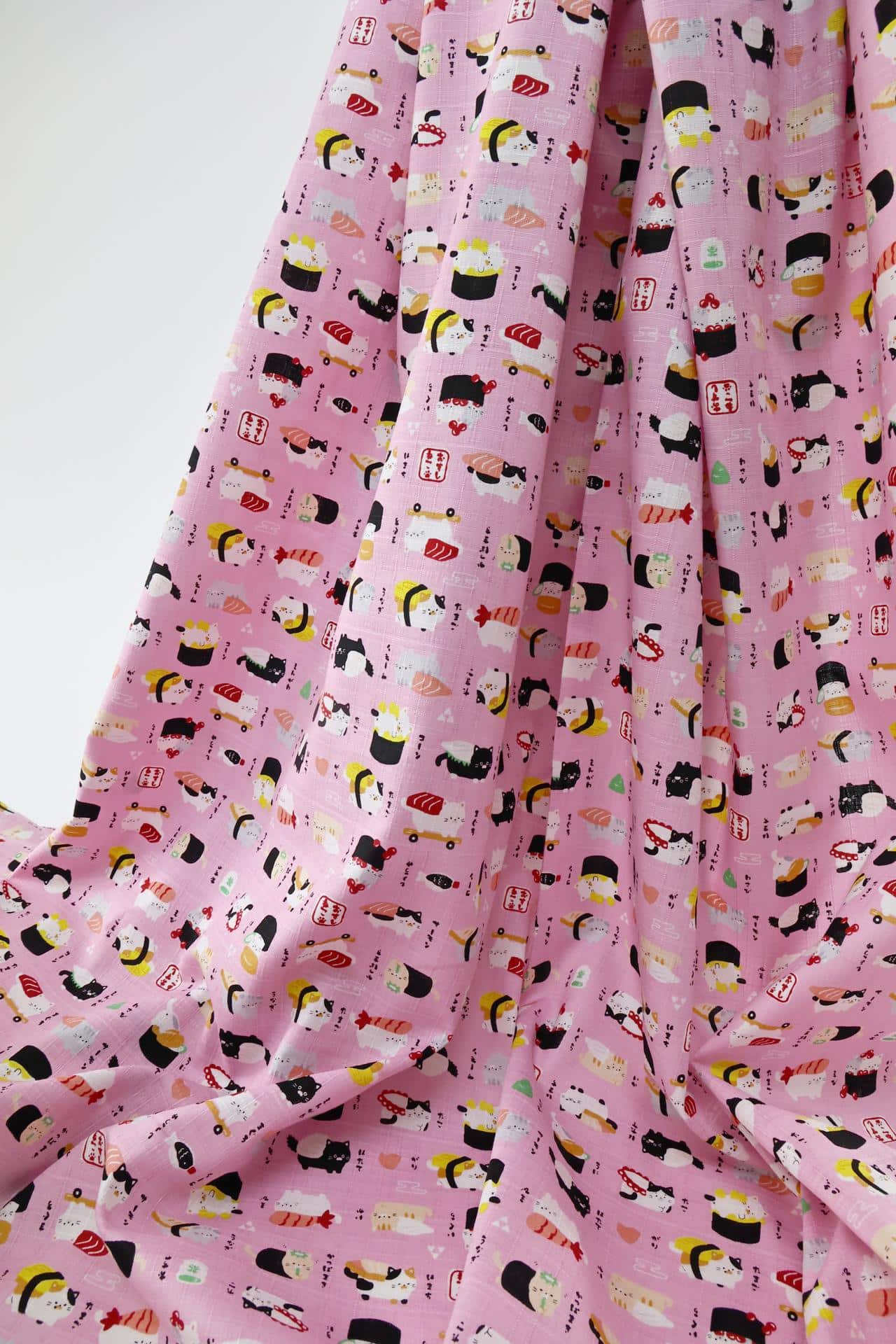 Japanese kawaii Sushi Neko fabric pink background