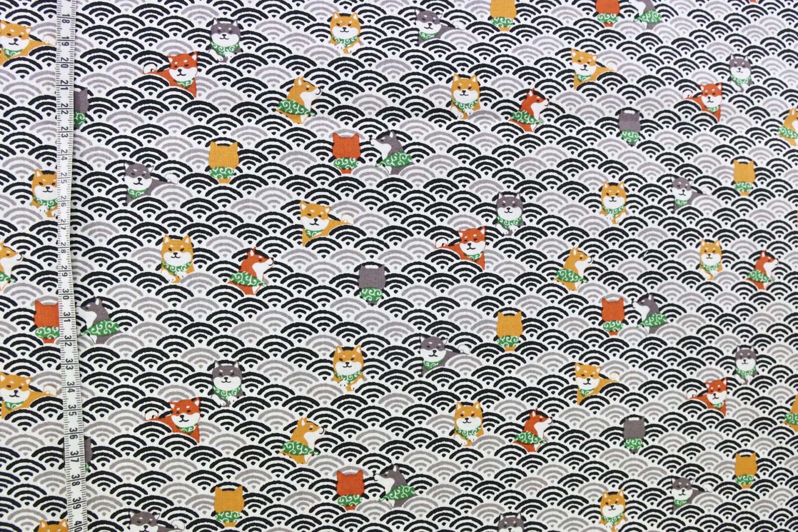 Kawaii Shiba fabric with black seigaiha waves