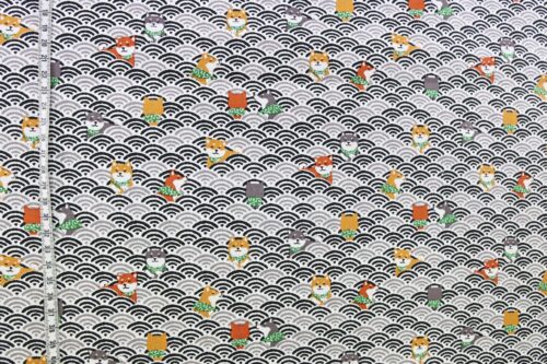 Kawaii Shiba fabric with black seigaiha waves