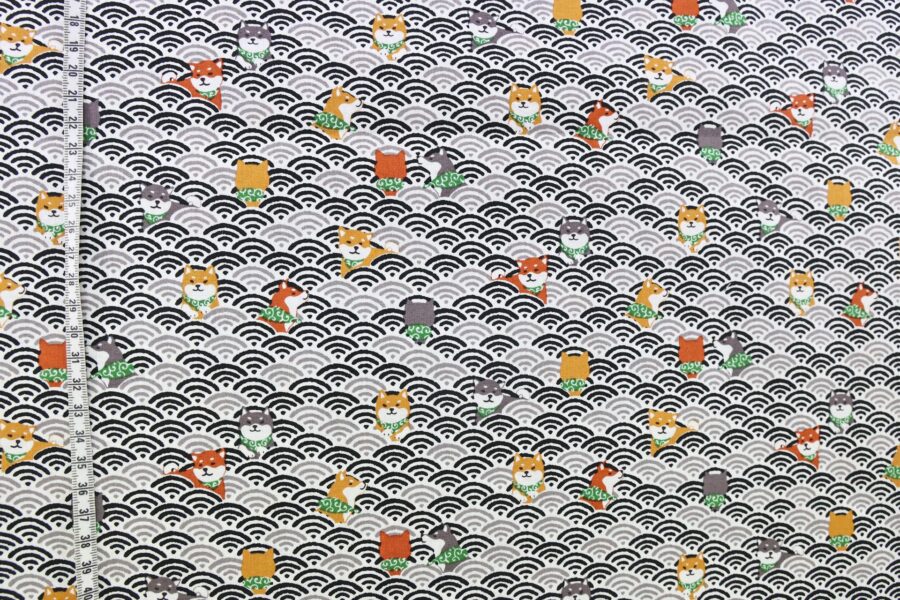 Kawaii Shiba fabric with black seigaiha waves