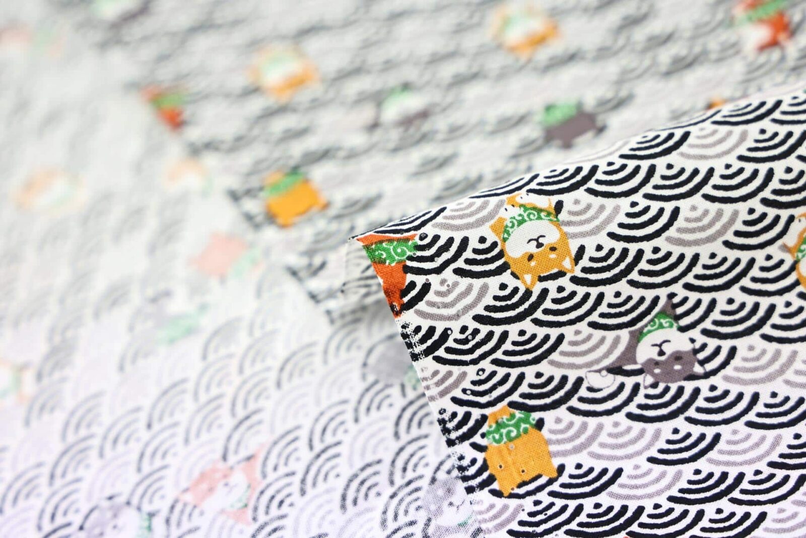 Kawaii Shiba fabric with black seigaiha waves