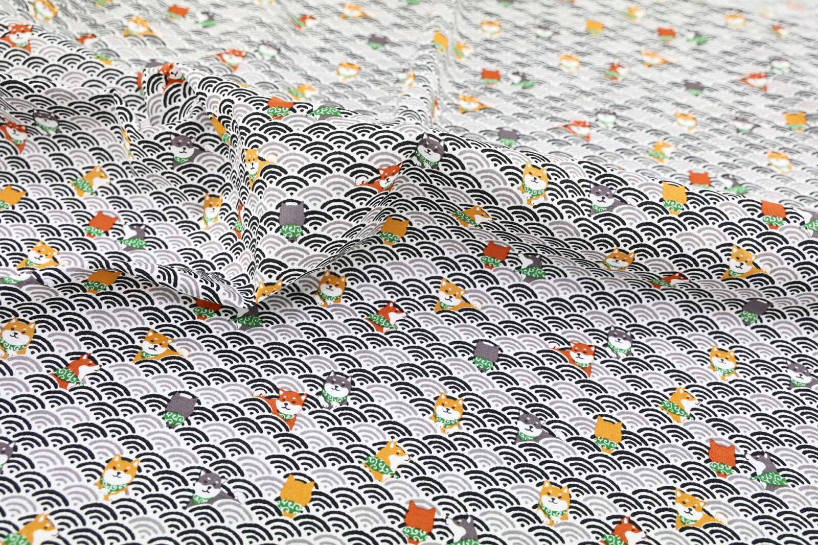 Kawaii Shiba fabric with black seigaiha waves