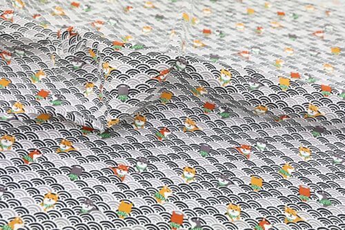 Kawaii Shiba fabric with black seigaiha waves
