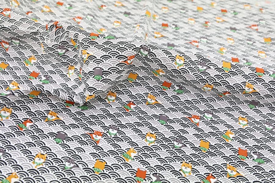 Kawaii Shiba fabric with black seigaiha waves