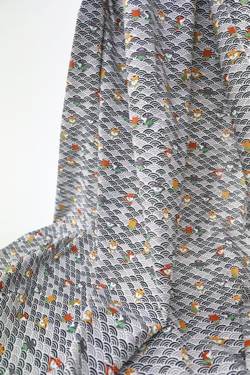 Kawaii Shiba fabric with black seigaiha waves