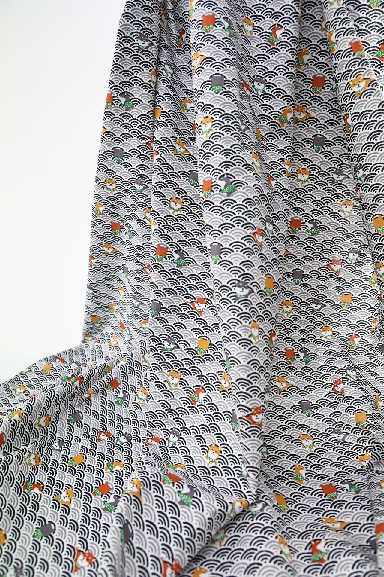 Kawaii Shiba fabric with black seigaiha waves