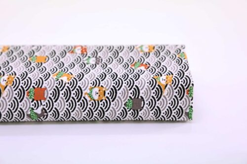 Kawaii Shiba fabric with black seigaiha waves