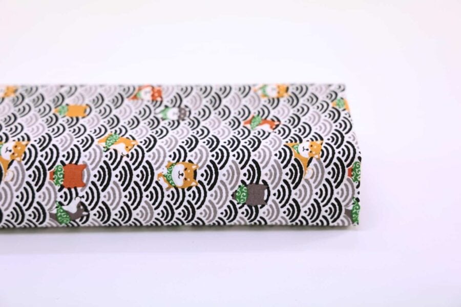 Kawaii Shiba fabric with black seigaiha waves