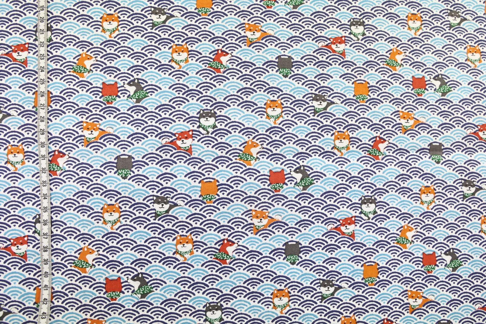 Kawaii Shiba fabric with blue seigaiha waves