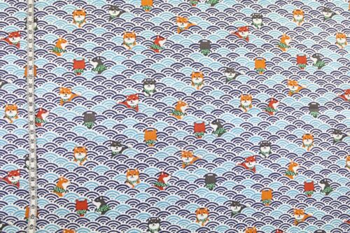 Kawaii Shiba fabric with blue seigaiha waves