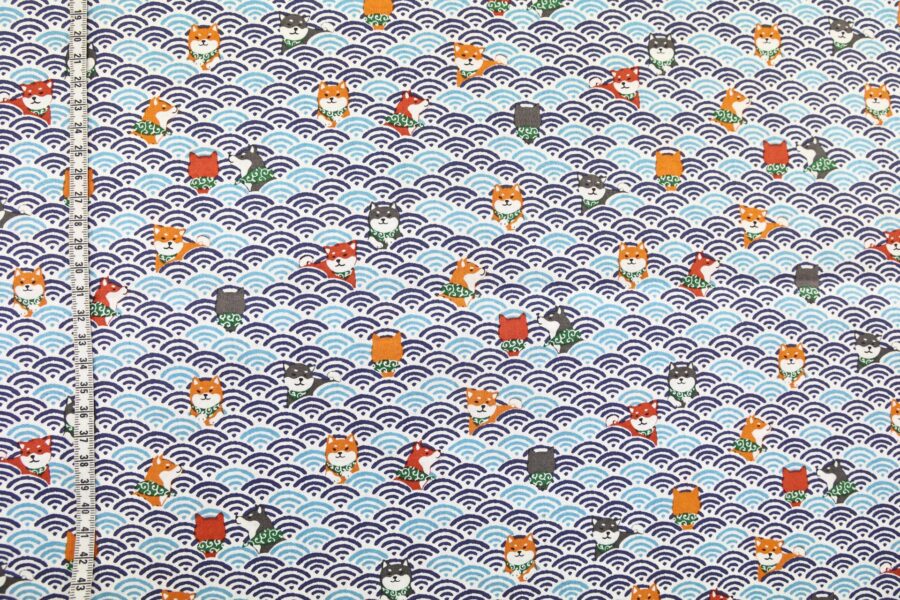 Kawaii Shiba fabric with blue seigaiha waves