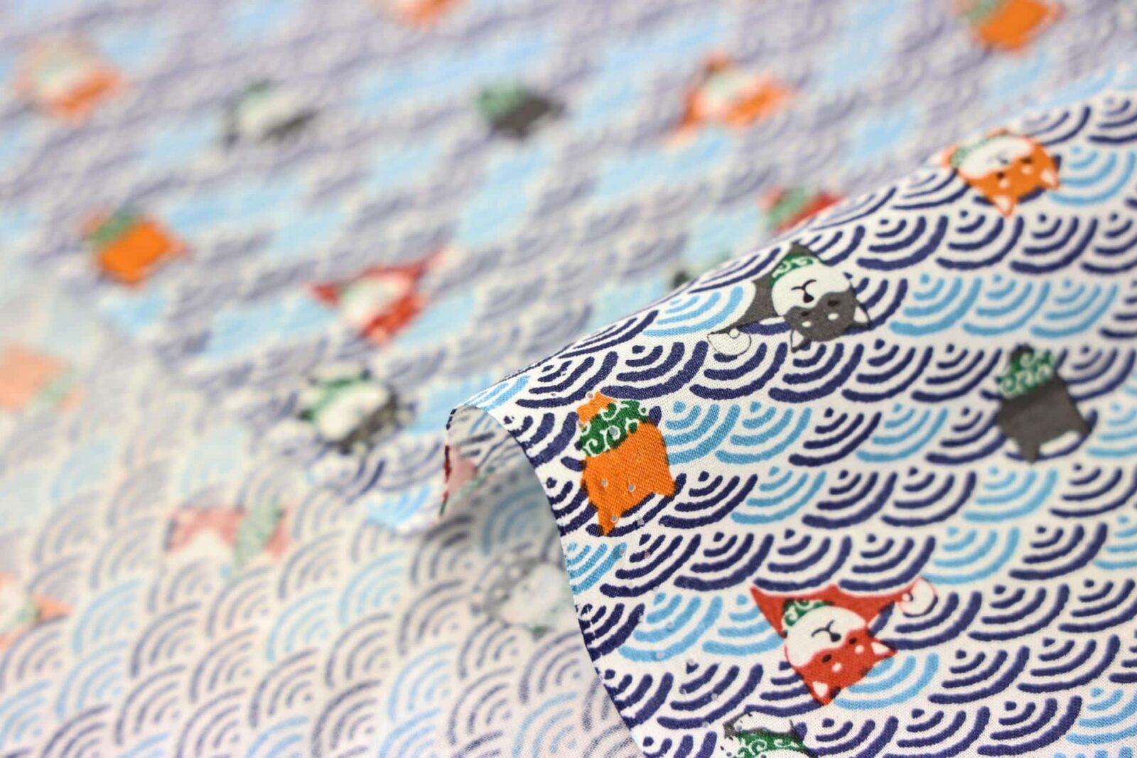 Kawaii Shiba fabric with blue seigaiha waves